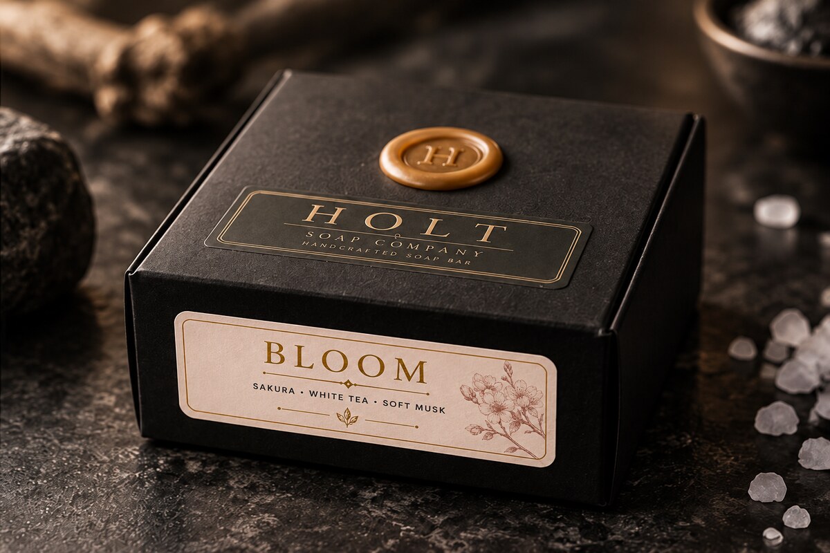 Product mockup showing the complete black Holt Bloom soap box, gold monogram seal, and pink cherry-blossom scent label.