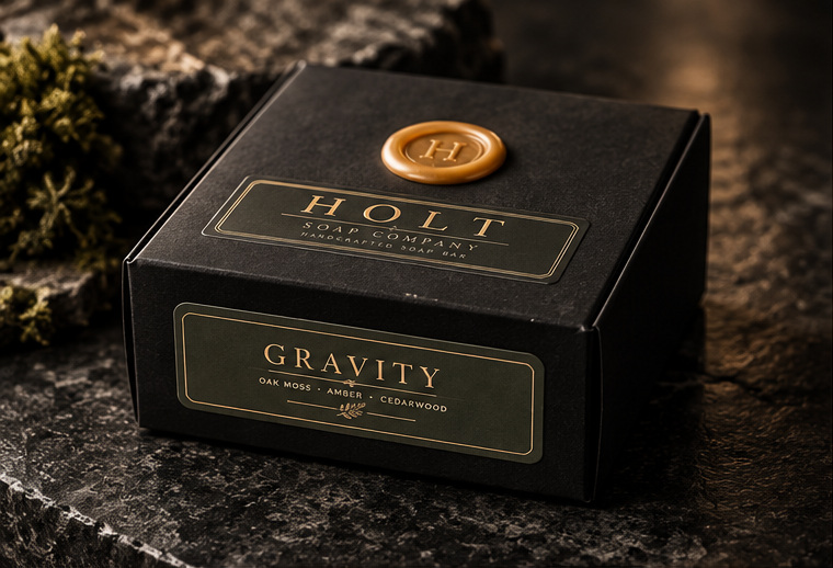 Product mockup of a black Holt Gravity soap box with a gold monogram seal and dark scent label.
